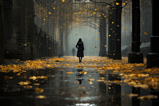 Lone walker in the autumn rain, expressing sadness., generative IA