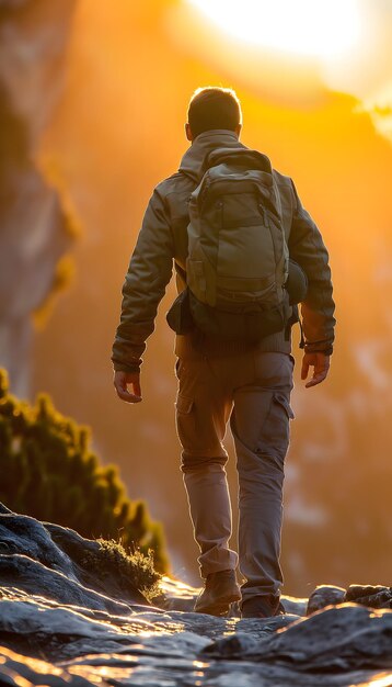 Foto un vagabondo solitario che cammina verso un tramonto su una strada della foresta