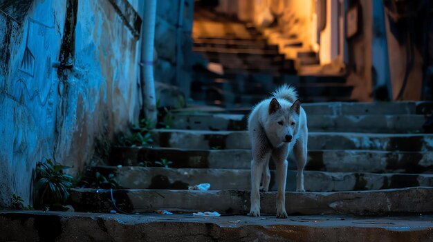 Photo a lone white dog stands at the bottom of a dark staircase looking up at the camera with a wary expression