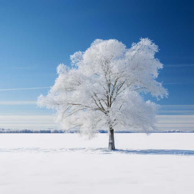 雪に覆われた畑の孤独な白い木