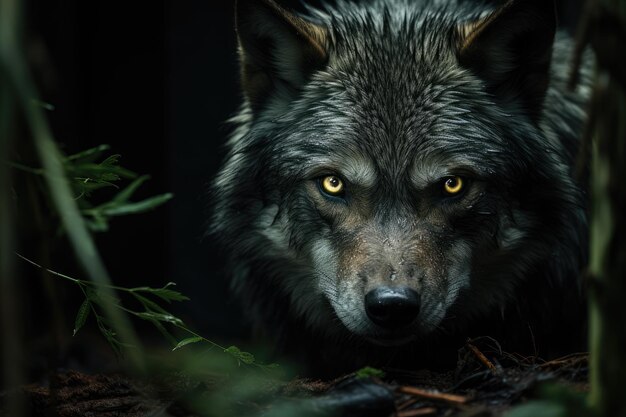 一匹オオカミは高い松の木の間で夜に現れる生成IA