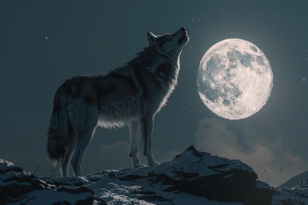 A lone wolf howling under a full moon