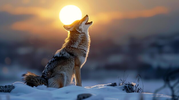 Foto un lupo solitario ulula alla luna piena il lupo è in piedi su una collina innevata e la luna sta sorgendo dietro di lui
