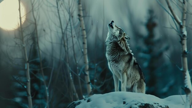 Photo a lone wolf howls at the moon in the middle of a snowy forest the wolf is standing on a rock and the moon is full