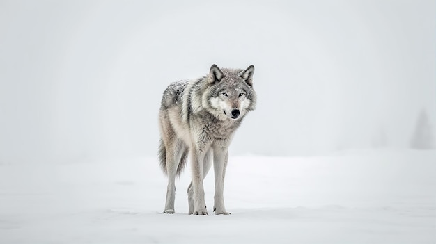 Одинокий волк стоит посреди снежного пейзажа