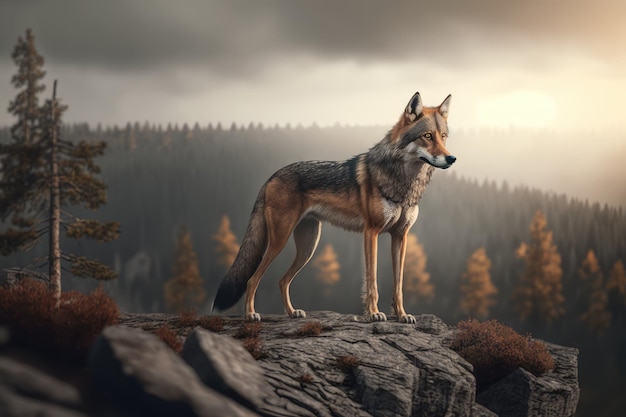 바위산에 서 있는 외로운 늑대