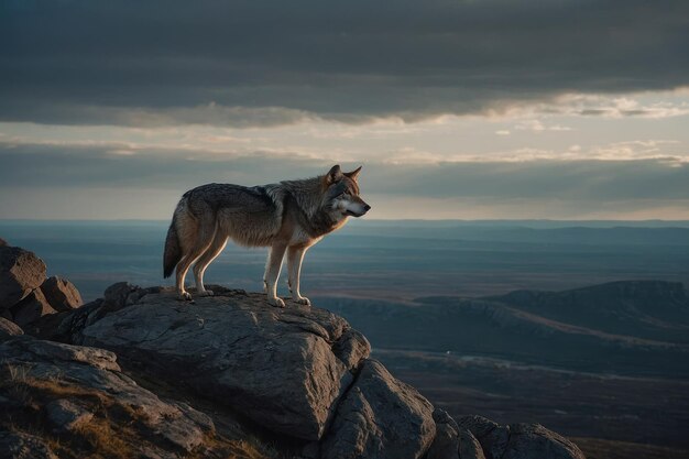 a lone wolf standing on a rocky mountain