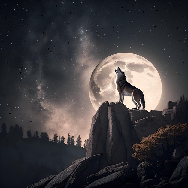 울창한 숲 위의 달을 향해 울부짖는 암석 노두에 서 있는 외로운 늑대