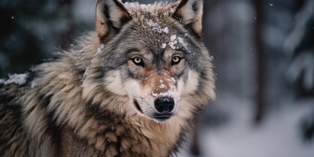 a lone wolf standing in the snow in the woods