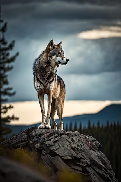 A lone wolf standing tall and proud atop a rocky outcropping Generative AI