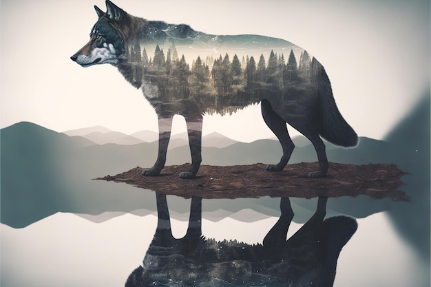 단풍 숲의 놀라운 이중 노출 자연 배경에 외로운 늑대