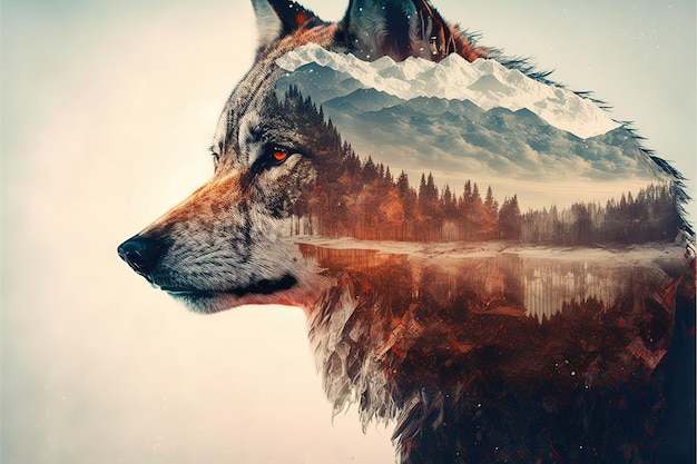 Lone wolf on wondrous double exposure natural background of autumnal forest