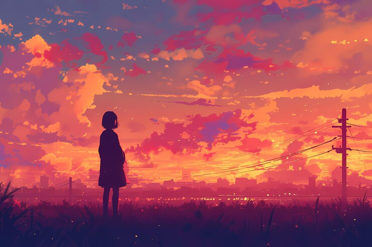 Photo a lone woman stands in a field gazing at a vibrant sunset over a distant cityscape