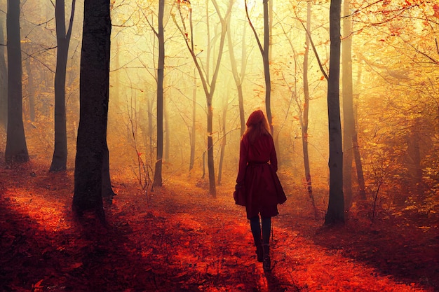 Lone woman wanders into dark wood Symbol of depression 3d illustrated