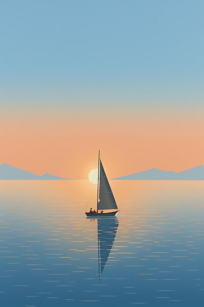Lone yacht drifting in a twilightilluminated harbor
