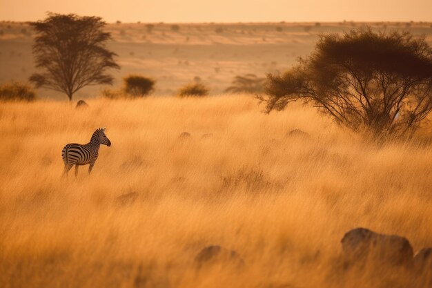 Lone zebra on the golden savannah at dusk generative ia