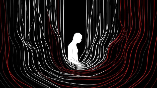 Loneliness Abstract graphic image of a lonely human figure on the background of a stylised landscape drawn with lines on a dark background