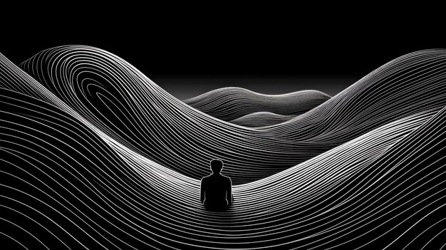 Photo loneliness abstract graphic image of a lonely human figure on the background of a stylised landscape drawn with lines on a dark background