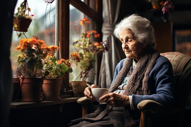 Концепция одиночества, старческая депрессия. Одинокая старуха, грустно смотрящая в окно.