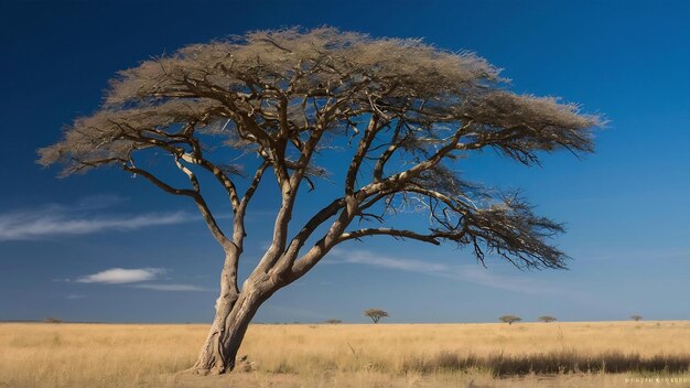 Photo lonely acacia tree camelthorne with blue sky background in etosha national park namibia