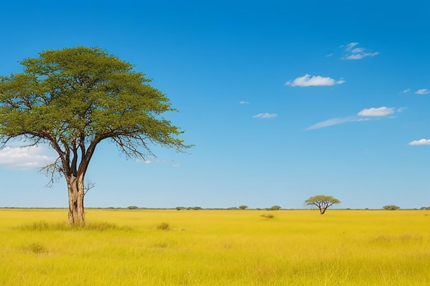 Lonely acacia tree camelthorne with blue sky background in etosha national park namibia