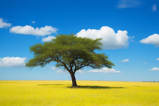 Lonely acacia tree camelthorne with blue sky background in etosha national park namibia