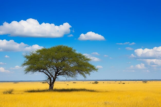 Lonely acacia tree camelthorne with blue sky background in etosha national park namibia