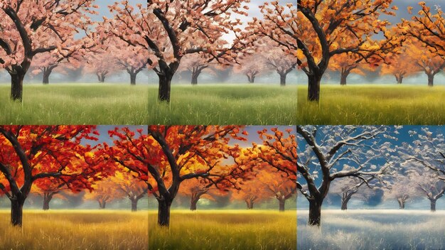 Photo lonely apricot tree in different seasons in the meadow