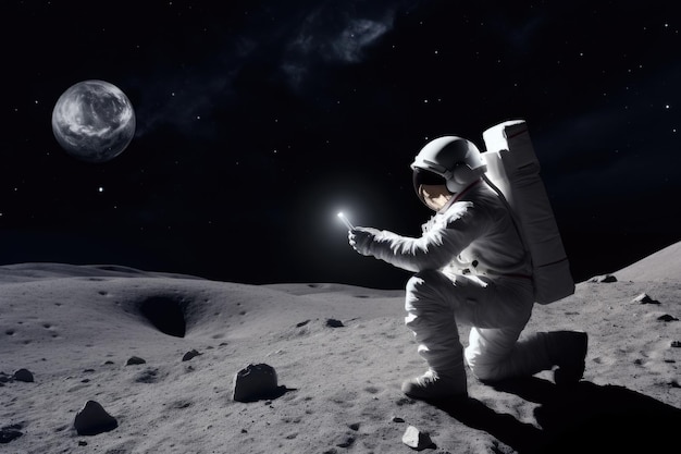 Lonely Astronaut using mobile phone in space Generative ai