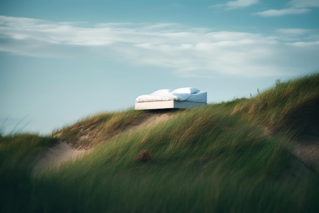 Lonely bed stand on grass dune hill with beautiful sky surreal dreamlike landscape Generative Ai