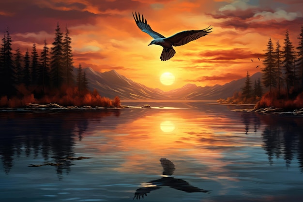 Lonely bird flying over a lake at sunset