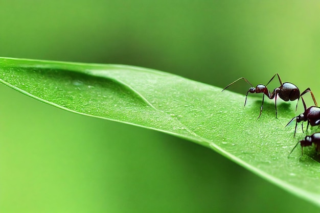 Lonely black ant sits on green leaf against backdrop of nature