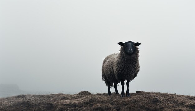 Photo lonely black sheep standing out of the crowd dare to be different concept a black sheep among