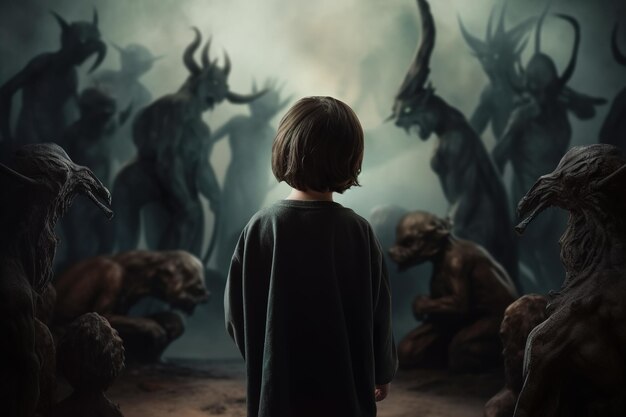 Lonely boy surrounded by scary vile monsters rear view Childish nightmare fear phobia child psychology concept Horror fantasy illustration Generative AI