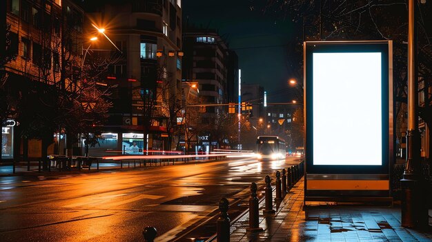 Foto una fermata di autobus solitaria di notte la fermata di bus è vuota senza persone che aspettano la strada è anche vuota con solo poche auto parcheggiate sul lato