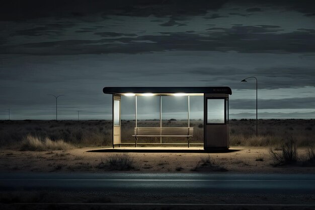 a lonely bus stop with a single bench surrounded by darkness and silence created with generative ai