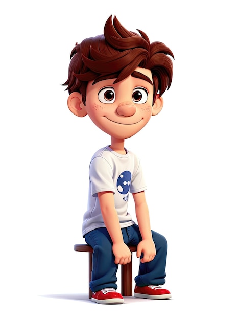 A lonely cartoon boy sitting on white background