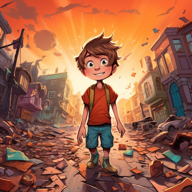 Lonely cartoon boy walking alone in street with smiley face destroying city cartoon illustration