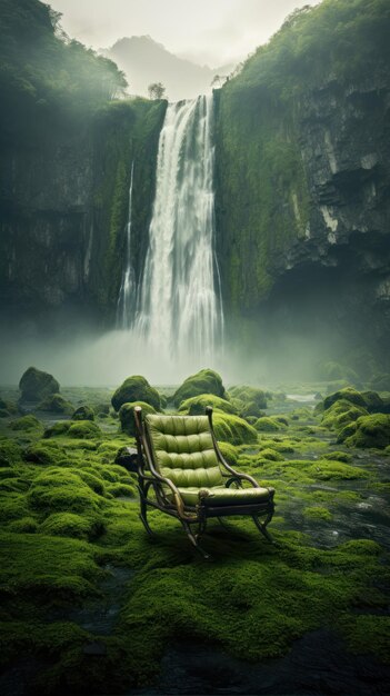 Lonely chair on a green mossy rock with a waterfall in the background