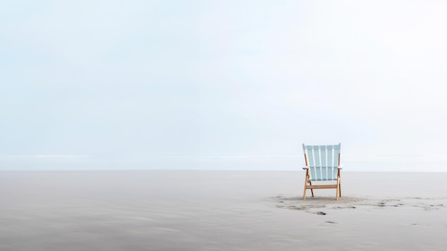 Lonely chair on white sand of tranquil beach of sea covered with mist Generative AI
