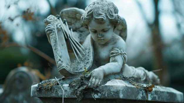 A lonely cherub sits perched on a crumbling headstone its tiny hand clasping a tarnished silver harp