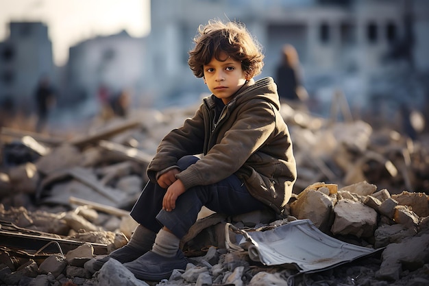 Photo a lonely child an orphan a refugee sits on the ruins of a destroyed house as a result of fighting or