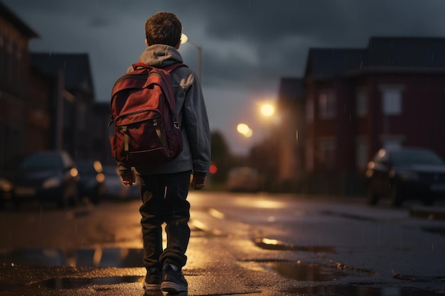 Lonely child with backpack walking on a wet street at dusk with street lights reflecting on the pavement after rain