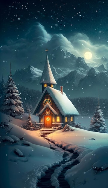 보름달 밤의 겨울 숲 속의 외로운 교회 Generative AI