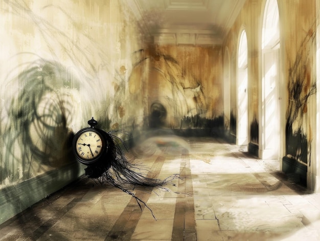 A lonely clock sits on the floor of a hallway its hands ticking away in solitude