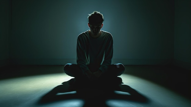 Одинокий депрессивный человек сидит один в пустой темной комнате