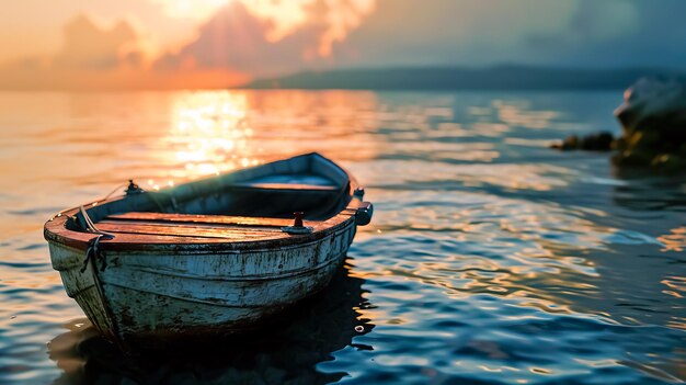 Lonely dilapidated boat on the lake