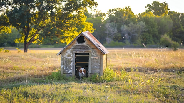 Photo a lonely dog sits in a wooden kennel in the middle of a grassy field