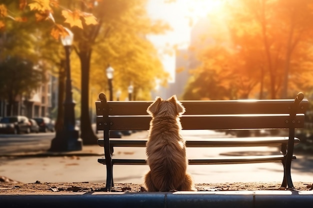 A lonely dog sitting on a park bench