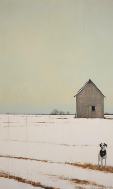 Photo a lonely dog stands in a snowy field near a barn